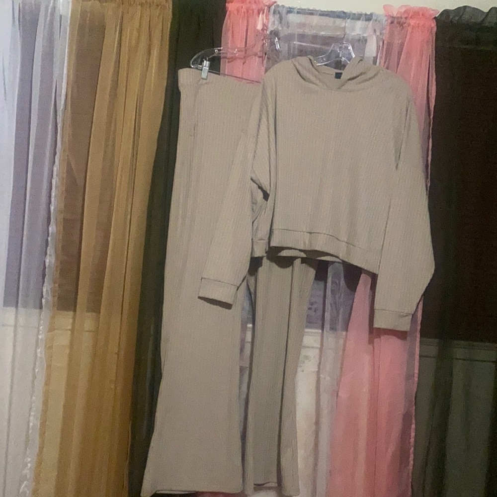 Tan 2 piece flare pants and crop hoodie